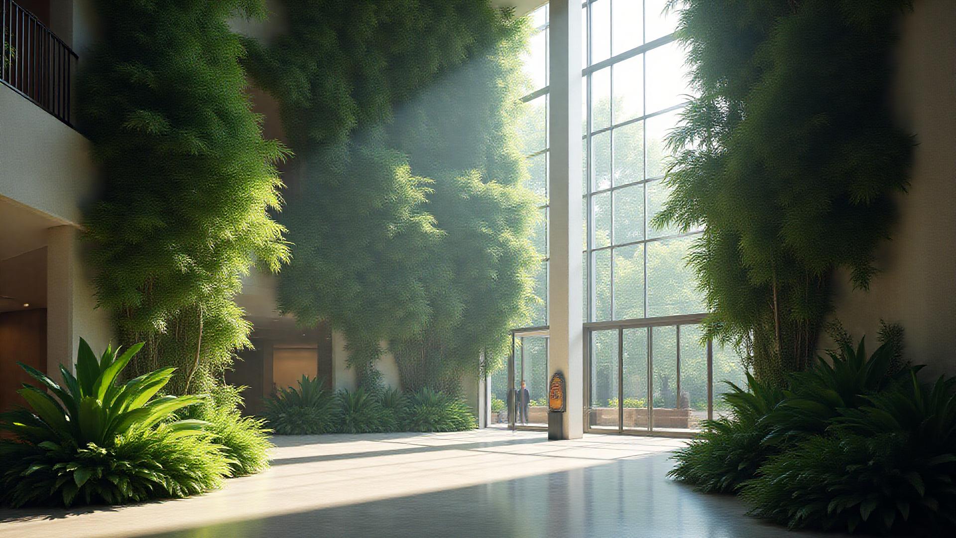 ダイナミックな植物インスタレーションが施されたモダンな空間