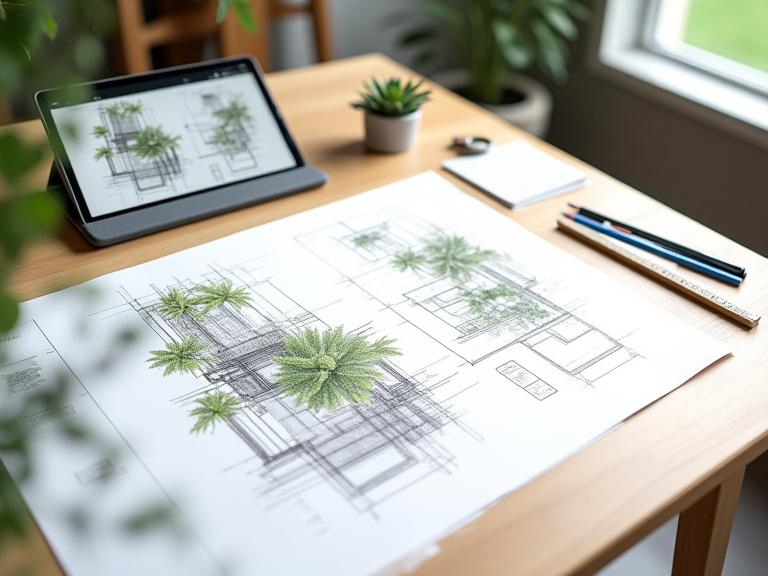 植物インスタレーションのコンセプトスケッチと設計図