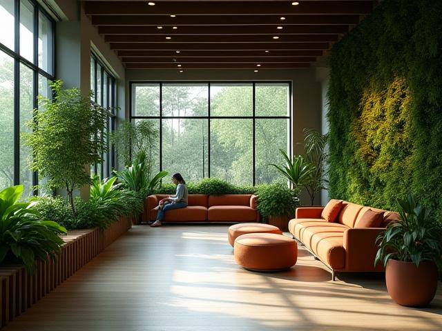 緑豊かなリラックスできるオフィス休憩スペース
