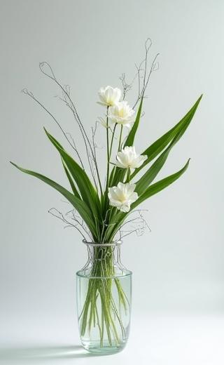 アドバンスコースの生徒による、ガラスの花器に生けられた現代的な自由花。