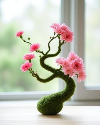 ベーシックコースの生徒による、流れるような枝と鮮やかなカーネーションの生け花。