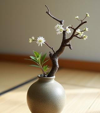 ベーシックコースの生徒による、茶室に飾られたような素朴な生け花。