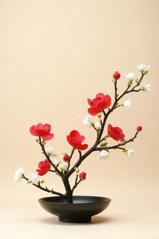 体験クラスの生徒による、赤い椿と白い梅を使った生け花作品。