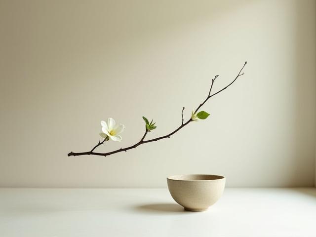 ミニマルな生け花の作品。枝と一輪の花で構成され、空間の美しさを表現している。