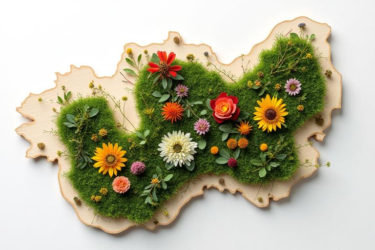 地図の等高線を模したデザインに花々が配置された、ユニークなフラワーアレンジメント