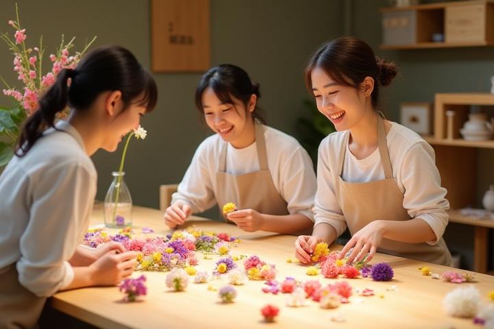 プリザーブドフラワーワークショップで笑顔で制作する人々