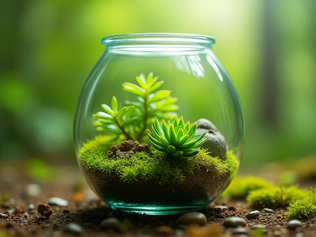 鮮やかな緑のテラリウムのクローズアップ