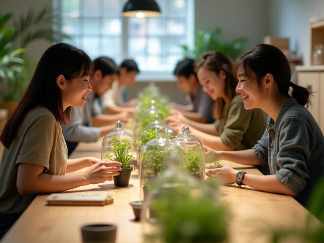 友人と楽しくテラリウムを作る様子