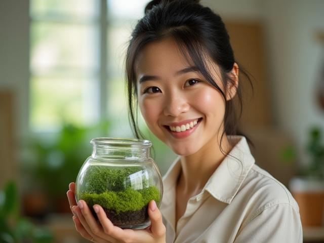 完成したテラリウムを手に喜び笑顔の大人