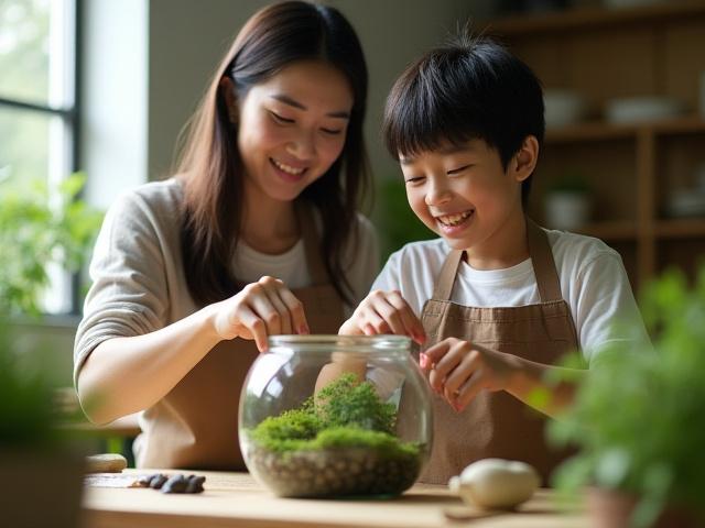 親子でテラリウムを制作する様子