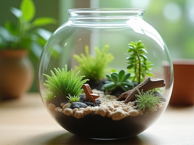 ミニチュアフィギュアが配置されたユニークなテラリウム