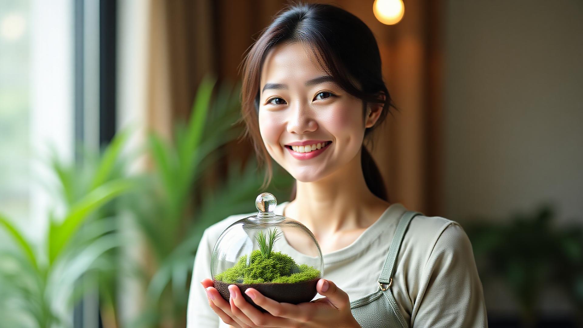 完成したテラリウムを手に笑顔の女性